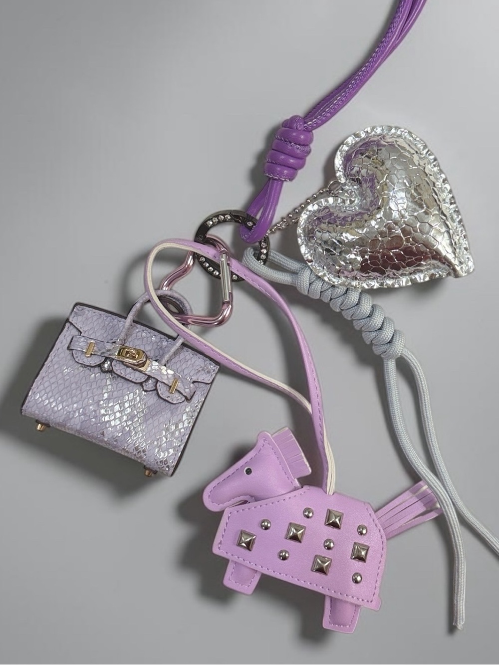 Purple  Mini fashion Bag & Studded Pony Charm Set with Silver Puffy Heart Charm